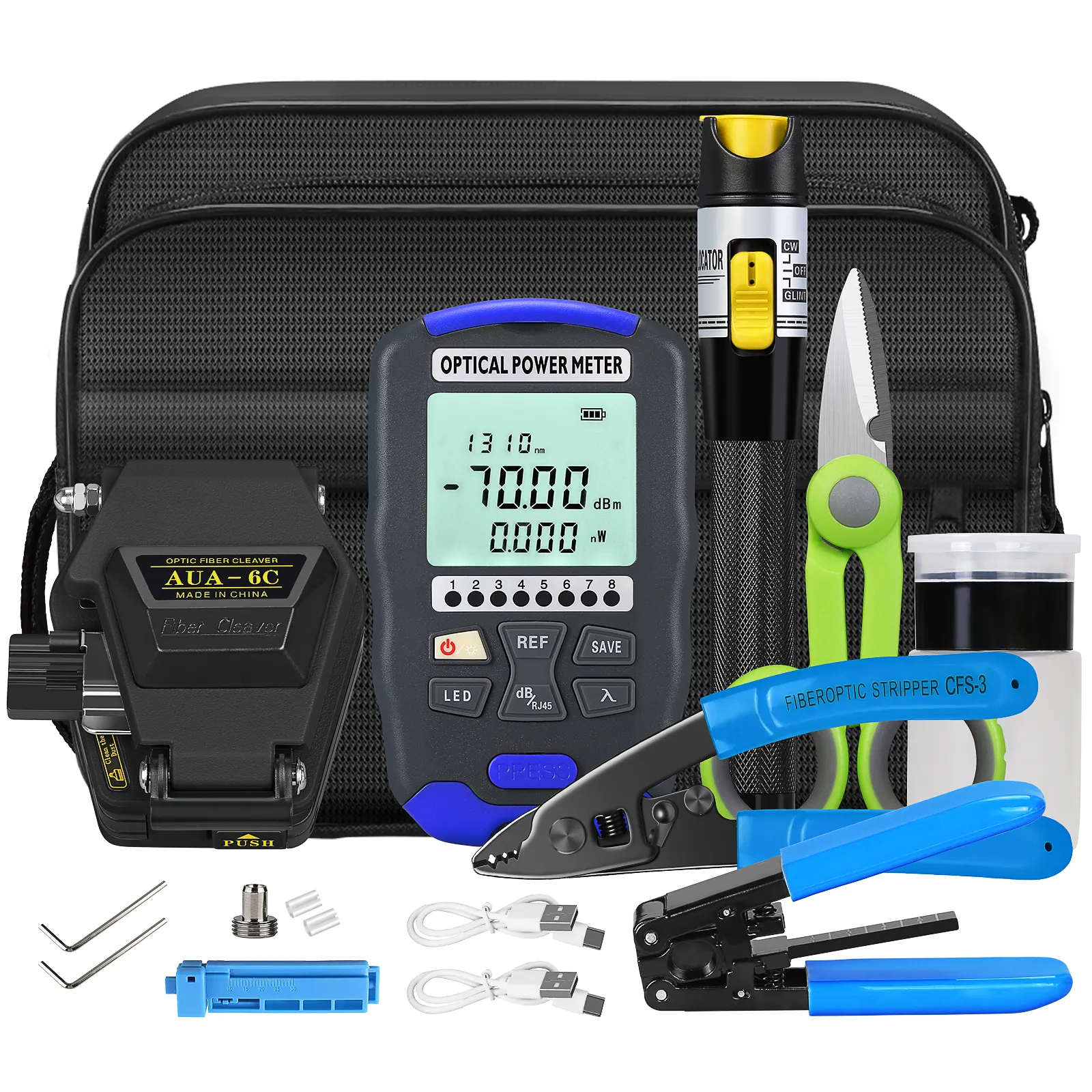 FTTH fiber optic tool kit with charging OPM VFL optical power meter visual fault locator AUA-6C fiber optic cutter fiber optic tool kit