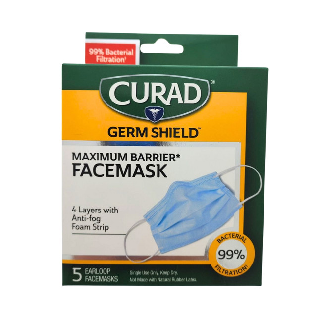 Curad Germ Shield Max Barrier 4-Ply Medical Grade Face Masks, Blue, 5/Box