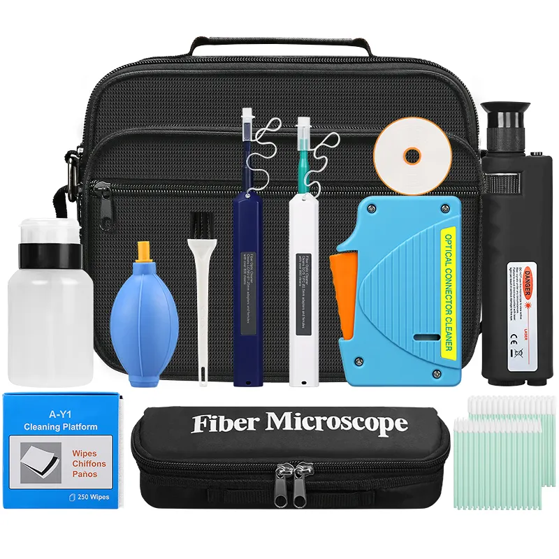 COMPTYCO Fiber Optic Tool Kit 13 piece set, Y3 dust-free paper/one click 1.25/2.5mm SC FC ST LC cleaning pen/box fiber optic cleaner 400X fiber optic magnifying glass fiber optic cleaning kit